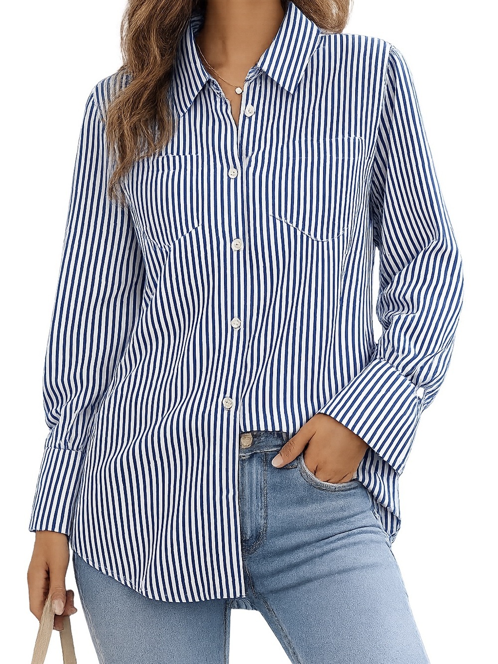 SHEIN Blue White Striped Button Front Collared Blouse Size M